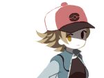  1boy black_shirt blue_jacket closed_mouth commentary_request hat hilbert_(pokemon) jacket looking_at_viewer male_focus medium_hair milkpeachi open_clothes open_jacket poke_ball_print pokemon pokemon_bw shirt simple_background solo upper_body white_background 