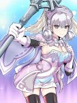  blue_eyes braid cape crown_braid curly_hair dress gloves grey_hair head_wings highres holding holding_staff juliet_sleeves long_sleeves melia_antiqua puffy_sleeves short_dress smile staff thigh-highs timosan wings xenoblade_chronicles_(series) xenoblade_chronicles_1 