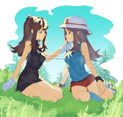  ariekochan black_dress blue_eyes blue_shirt brown_hair dress dual_persona full_body gloves grass green_(pokemon) hat highres leaf_(pokemon) long_hair looking_at_another pokemon pokemon_frlg pokemon_lgpe red_skirt shirt skirt twitter_username watermark white_gloves white_hat 