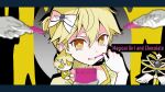  absurdres blood bow brooch collarbone crossdressing gloves hair_bow highres holding holding_wand jewelry kagamine_len looking_at_viewer mahou_shoujo_to_chokorewito_(vocaloid) short_hair short_sleeves solo song_name syiga vocaloid wand white_gloves yellow_eyes 