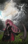  1girl absurdres breasts clouds cloudy_sky grass highres holding holding_scythe hololive hololive_english lightning long_hair m3ru mori_calliope mori_calliope_(1st_costume) pink_eyes pink_hair scythe sky solo spikes virtual_youtuber 