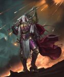  1boy alvarojh_art armor armored_boots boots breastplate colored_skin commentary english_commentary faulds fulgrim gauntlets gem gold_trim greaves holding holding_sword holding_weapon layer_blade long_hair meteor meteor_shower open_mouth ornate ornate_armor pauldrons power_armor primarch purple_armor purple_gemstone purple_skin red_gemstone shoulder_armor solo sword warhammer_40k weapon white_hair 