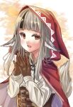  1girl :d animal_ears black_hair black_ribbon brown_corset brown_gloves cape corset fire_emblem fire_emblem_fates fuussu_(21-kazin) gloves grey_hair grey_tail hands_up hood hood_up hooded_cape light_blush long_hair long_sleeves multicolored_hair neck_ribbon open_mouth orange_eyes ribbon smile solo steepled_fingers streaked_hair tail tail_raised teeth two-tone_hair upper_teeth_only velouria_(fire_emblem) wolf_ears wolf_girl wolf_tail 