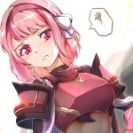  1girl armor braid breastplate cape clear_glass_(mildmild1311) fire_emblem fire_emblem_engage grey_hairband hairband lapis_(fire_emblem) pink_eyes pink_hair red_armor red_cape red_hairband ribbon side_braid solo speech_bubble two-tone_hairband white_ribbon 