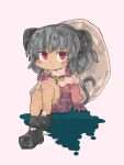  1girl animal_ears black_footwear blush capelet closed_mouth commentary_request cookie_(touhou) full_body fur-trimmed_capelet fur_trim grey_hair holding holding_sack kanakamei1 long_sleeves looking_at_viewer medium_bangs medium_hair mouse_ears mouse_girl mouse_tail nazrin nyon_(cookie) pink_shirt purple_capelet purple_skirt red_eyes sack shirt shoes simple_background sitting skirt smile solo tail touhou v-shaped_eyebrows white_background 