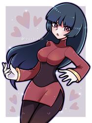  1girl blue_hair blunt_bangs bodystocking bodysuit bodysuit_under_clothes breasts cropped_jacket dark_blue_hair gloves highres jacket long_hair long_sleeves medium_breasts pencil_skirt pokemon pokemon_frlg red_eyes red_jacket red_skirt sabrina_(pokemon) side_slit skirt solo touyarokii turtleneck turtleneck_jacket white_gloves 