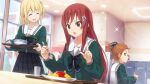  22/7 22/7_ongaku_no_jikan 3girls black_skirt blonde_hair bow bowtie brown_eyes brown_hair closed_mouth collarbone cup drinking_glass dutch_angle flower food fujima_sakura game_cg green_bow green_bowtie green_serafuku hair_bow hair_flower hair_ornament hair_ribbon high_ponytail highres holding holding_spoon holding_tray indoors kono_miyako lens_flare long_hair looking_at_another looking_at_object multiple_girls non-web_source official_art omelet omurice on_chair open_mouth plaid plaid_skirt pleated_skirt pointing pointing_up red_eyes redhead ribbon sato_reika school_emblem school_uniform serafuku sidelocks sitting skirt sparkle spoon straight_hair sweatdrop teeth tray upper_body upper_teeth_only water white_flower window 