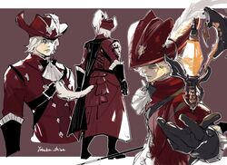  1boy ascot black_gloves elbow_gloves final_fantasy final_fantasy_xiv floating floating_object gloves hat hat_feather looking_at_viewer male_focus multiple_views red_hat red_mage_(final_fantasy) shirt solo white_ascot x'rhun_tia yabuka_shiwa 