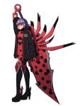  1girl black_footwear black_jacket blue_eyes blue_hair bodysuit full_body highres holding holding_sword holding_weapon jacket ladybug_(character) looking_at_viewer marinette_dupain-cheng miraculous_ladybug open_clothes open_jacket red_bodysuit red_mask simple_background smile superhero_costume sword tutuzi_ladybug weapon white_background 