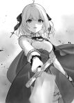  1girl aiguillette anisphia_wynn_palettia bow bowtie cape commentary_request cowboy_shot epaulettes greyscale hair_ribbon high-waist_skirt highres holding holding_sword holding_weapon kisaragi_yuri long_sleeves looking_at_viewer medium_hair monochrome official_art parted_lips ribbon second-party_source shirt skirt solo sword tensei_oujo_to_tensai_reijou_no_mahou_kakumei weapon 