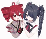  2girls :d ahoge alternate_hairstyle ame-chan_(needy_girl_overdose) black_eyes black_hair black_ribbon bow collared_shirt cropped_torso crossover drill_hair grey_jacket hair_bow hair_over_one_eye hand_on_hand hand_up jacket kabe_(zp66104) kasane_teto kasane_teto_(sv) long_hair long_sleeves looking_at_viewer multiple_girls neck_ribbon needy_girl_overdose official_alternate_costume open_mouth red_eyes red_shirt redhead ribbon shirt simple_background smile suspenders synthesizer_v twin_drills upper_body white_background white_bow 
