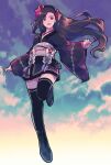  ankle_boots black_footwear black_hair black_kimono black_thighhighs boots bow clouds cloudy_sky commentary final_fantasy final_fantasy_vii final_fantasy_vii_remake floating_hair flower foot_up full_body grey_bow hair_flower hair_ornament highres japanese_clothes kimono long_hair long_sleeves looking_at_viewer obi official_alternate_costume open_mouth red_eyes red_flower saki_(hxaxcxk) sash short_kimono single_sidelock sky smile standing standing_on_one_leg sunset swept_bangs thigh-highs tifa_lockhart tifa_lockhart_(exotic_dress) wide_sleeves zettai_ryouiki 