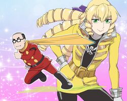  1boy 1girl akuyaku_reijou_tensei_ojisan blonde_hair cosplay cyborg_009 drill_hair drill_sidelocks glasses gokai_yellow gokai_yellow_(cosplay) grace_auvergne green_eyes highres kaizoku_sentai_gokaiger looking_at_viewer luka_millfy scarf shimamura_joe shimamura_joe_(cosplay) sidelocks super_sentai tondabayashi_kenzaburou ueyama_michirou voice_actor_connection yellow_scarf 