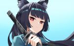  absurdres animal_ear_fluff animal_ears black_hair blue_background blunt_bangs braid closed_mouth czk fox_ears gradient_background highres holding holding_sword holding_weapon hoshimi_miyabi katana long_hair looking_at_viewer red_eyes sheath simple_background solo sword upper_body weapon white_background zenless_zone_zero 