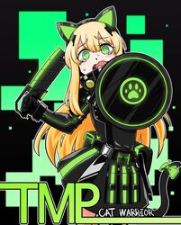  1girl animal_ear_headphones animal_ears black_gloves blonde_hair bow cat_ear_headphones cat_tail crying fake_animal_ears girls_frontline gloves green_eyes headphones holding holding_shield holding_weapon paw_print scared shield solo tail tail_bow tail_ornament tmp_(girls&#039;_frontline) voodoowood weapon 