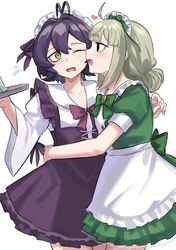 absurdres aoki_shizumi apron araga_kiwi black_eyes bow commentary_request cup dress green_bow green_dress green_hair heart highres hiiragi_utena holding holding_tray hug long_hair looking_at_another mahou_shoujo_ni_akogarete maid maid_headdress medium_hair mole mole_under_eye one_eye_closed open_mouth purple_bow purple_dress purple_hair short_sleeves sidelocks simple_background smile star_(symbol) tray very_long_hair white_apron white_background yellow_eyes yuri 