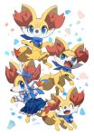  bandana blue_bandana blue_bow blue_eyes blue_skirt bow closed_eyes clothed_pokemon fennekin highres looking_at_viewer makoto_ikemu multiple_views no_humans open_mouth pokemon pokemon_(creature) shirt signature simple_background skirt smile white_background white_shirt 