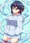  1girl black-framed_eyewear blue_hair blue_hoodie bob_cut breasts brown_eyes bubble clenched_teeth colored_inner_hair dark_blue_hair glasses hands_in_pockets hayami_shizuku_(kaii_to_otome_to_kamigakushi) hood hood_down hoodie kaii_to_otome_to_kamikakushi large_breasts looking_at_viewer multicolored_hair official_art purple_hair purple_thighhighs short_hair smile solo streaked_hair striped_clothes striped_thighhighs take_(shokumu-taiman) teeth thigh-highs two-tone_hair water 