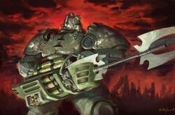  1boy armor battery bojler cityscape fallout_(series) fallout_1 gun helmet highres pauldrons power_armor power_armor_(fallout) radiation_symbol red_sky ruins shoulder_armor signature sky small_head solo weapon 