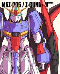  aqua_eyes clenched_hand commentary_request glowing glowing_eyes gundam highres iknsk light looking_at_viewer machinery mecha mobile_suit no_humans robot science_fiction shield v-fin white_background zeta_gundam zeta_gundam_(mobile_suit) 