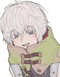  1boy bags_under_eyes bare_shoulders detached_sleeves gloves gnosia grey_eyes grey_hair hair_between_eyes highres hood hoodie looking_at_viewer male_focus remnan_(gnosia) short_hair simple_background solo user_wahs4747 violet_eyes white_background 