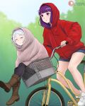  2girls absurdres bicycle bicycle_basket black_pantyhose blanket blue_shorts boots brown_footwear closed_eyes closed_mouth covering_with_blanket day dismaiden e.t. elf fern_(sousou_no_frieren) frieren grey_hair highres hood hood_up hoodie in_basket multiple_girls outdoors pantyhose parody pointy_ears purple_hair red_hoodie riding riding_bicycle shoes short_shorts shorts smile sneakers sousou_no_frieren tree violet_eyes white_footwear 