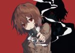  1boy aiming aiming_at_viewer akechi_gorou brown_hair brown_jacket buttons collared_shirt double-breasted gelato1014 gun hair_between_eyes highres holding holding_gun holding_weapon jacket male_focus multiple_views necktie parted_lips persona persona_5 red_background red_eyes shirt short_hair smoke smoking_barrel striped_clothes vertical-striped_clothes vertical-striped_necktie weapon white_shirt 