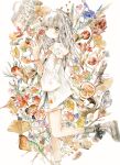  1girl boots brown_eyes brown_hair cup flower food fruit highres kazuka kettle leaf long_hair looking_at_viewer looking_to_the_side original painting_(medium) shirt shorts solo teacup traditional_media watercolor_(medium) white_background white_shirt wide_sleeves 