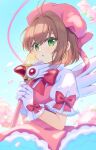  1girl blush brown_hair cardcaptor_sakura dress fuuin_no_tsue gloves green_eyes highres holding holding_wand kinomoto_sakura looking_to_the_side magical_girl parted_lips pink_hat puffy_short_sleeves puffy_sleeves short_hair short_sleeves solo sumisaki_yuzuna wand white_gloves 