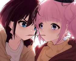  2girls blue_eyes brown_hair brown_jacket brown_sweater chinese_commentary collarbone commentary_request earrings eye_contact food girls_band_cry grey_eyes hair_between_eyes hina_(girls_band_cry) hood hood_down hooded_jacket iseri_nina jacket jewelry looking_at_another low_twintails multiple_girls pink_hair pocky pocky_kiss red_jacket shirt short_hair short_twintails sweater twintails white_background white_shirt yun_cao_bing yuri 