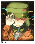  1boy animification blush border closed_eyes confetti covering_one_eye dated freckles fur_hat hand_up hat highres jacket kyle_broflovski long_sleeves male_focus open_mouth orange_hair sippudayo smile solo south_park sparkle upper_body ushanka 
