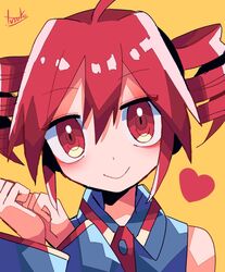  1girl blush collared_shirt drill_hair heart kasane_teto long_sleeves looking_at_viewer portrait red_eyes redhead shirt sleeveless sleeveless_shirt smile solo twin_drills utau yellow_background yuusuke-kun 