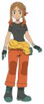  1girl boots breasts brown_hair closed_mouth clothes_around_waist eyelashes gloves green_eyes green_footwear green_gloves looking_at_viewer multicolored_hair official_art orange_hair orange_pants orla_(pokemon) pants parted_bangs pokemon pokemon_(anime) pokemon_horizons shirt short_sleeves sidelocks smile solo split_mouth standing t-shirt transparent_background two-tone_hair 