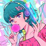  1980s_(style) 1girl blowing_bubbles blue_hair cassette_tape circle collarbone eyelashes headphones highres morry369 multicolored_background multicolored_nails nail_polish number_hair_ornament original pink_shirt retro_artstyle shirt short_hair solo t-shirt triangle upper_body violet_eyes 