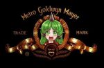  1girl :d black_background commentary english_commentary fang green_eyes green_hair highres horns komano_aunn kyoto_kiranami logo_parody looking_at_viewer metro-goldwyn-mayer open_mouth parody single_horn smile solo touhou 