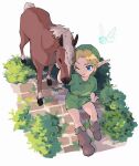  1boy ;) arm_support belt blonde_hair blue_eyes boots brick_floor brown_belt brown_footwear collared_shirt commentary_request epona fairy from_above green_hat green_tunic hat highres horse link navi on_floor one_eye_closed pointy_ears shirt short_hair simple_background sitting smile solo the_legend_of_zelda the_legend_of_zelda:_ocarina_of_time white_background yamori_(yamoooon21) young_link 