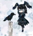  1girl animal bird bird_girl bird_tail bird_wings black_hair crow feathered_wings full_body gloves green_eyes grey_background hair_over_one_eye head_wings japari_symbol jungle_crow_(kemono_friends) kemono_friends kikuchi_milo long_hair looking_at_viewer necktie pantyhose school_uniform shoes simple_background skirt tail wings 