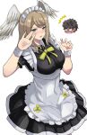  1girl ^^^ alternate_costume apron black_dress black_hair blue_eyes blush breasts brown_hair commentary_request dark-skinned_male dark_skin dress embarrassed enmaided eunie_(xenoblade) frilled_apron frills glasses hands_up head_wings highres large_breasts looking_at_viewer maid maid_apron maid_headdress medium_hair short_hair short_sleeves taion_(xenoblade) waist_apron white_apron white_wings white_wrist_cuffs wings wrist_cuffs xenoblade_chronicles_(series) xenoblade_chronicles_3 yamame_012 