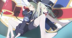  2girls absurdres apple blue_archive blue_hat blue_shorts blue_skirt food fruit green_hair hat highres hikari_(blue_archive) holding holding_food holding_fruit long_hair looking_at_viewer multiple_girls nozomi_(blue_archive) open_mouth pantyhose pleated_skirt pointy_ears shorts sitting skirt tail twintails white_pantyhose wiersa yellow_eyes 