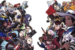  1other 6+boys 6+girls \m/ above_the_law_mad_maggie aces_high_seer ambiguous_gender androgynous android animal_costume animification apex_legends ash_(titanfall_2) axe bad_to_the_bone_lifeline bangalore_(apex_legends) bear_costume bird black_gloves black_hair black_hat blindfold blonde_hair bloodhound_(apex_legends) blue_eyes bodysuit bootlegger_loba brown_eyes brown_eyeshadow brudda_bear_gibraltar caustic_(apex_legends) clown crafty_kitsune_rampart crow crypto_(apex_legends) dark-skinned_female dark-skinned_male dark_skin deep_current_wattson denim denim_jacket divine_right_caustic everyone eyepatch facial_hair fallen_angel_ash fedora fuse_(apex_legends) gibraltar_(apex_legends) gloves goatee goggles goggles_on_head golden_boson_horizon grey_hair hair_slicked_back hat helmet holding holding_axe holding_knife horizon_(apex_legends) humanoid_robot inconspicuous_crypto jacket knife kuji-in kunai lifeline_(apex_legends) lit_witt_mirage loba_(apex_legends) mad_maggie_(apex_legends) midriff mirage_(apex_legends) motorcycle_helmet multiple_boys multiple_girls natural_born_daredevil_fuse open_mouth orange_jacket pathfinder_(apex_legends) pink_bodysuit pink_hair pompadour rampart_(apex_legends) raven&#039;s_bite red_shirt revenant_(apex_legends) riku_(ururi7610) robot sacred_divinity_revenant seer_(apex_legends) sheila_(minigun) shirt side_ponytail simulacrum_(titanfall) skeleton_print slingshot_valkyrie smile sunglasses the_enforcer_bangalore v-shaped_eyebrows valkyrie_(apex_legends) vengeance_seeker_wraith war_machine_pathfinder wattson_(apex_legends) weapon white_background white_gloves white_hair white_helmet wraith&#039;s_kunai wraith_(apex_legends) 