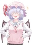  +++ 1girl :d absurdres alternate_costume bat_wings black_skirt blush closed_eyes collarbone commentary_request facing_viewer grey_hair hands_on_own_hips happy hat hat_ribbon help_me_erinnnnnn!! highres long_sleeves mahoro_(minase_mahoro) mob_cap open_mouth pink_hat pink_sweater pink_sweater_vest pleated_skirt red_ribbon remilia_scarlet ribbon sailor_collar school_uniform serafuku short_hair simple_background skirt sleeves_past_wrists smile solo sweater sweater_vest tasukete_eirin touhou upper_body white_background white_hat white_sailor_collar wings 