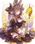  1girl animal_ears asymmetrical_hair breasts brown_hair brown_horns closed_eyes commission detached_sleeves draph erune extra_ears frilled_sleeves frills galleon_(granblue_fantasy) gloves granblue_fantasy haku_(sabosoda) harvin highres horns large_breasts multicolored_hair pointy_ears seiza sitting skeb_commission solo streaked_hair stuffed_toy white_gloves 