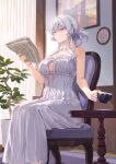  1girl bare_shoulders blue_scrunchie breasts cattleya_(hijiri_kishi_sonia-san) chair cleavage_cutout clothing_cutout commentary_request cup curtains drawing_(object) dress flower_pot folded_hair frills highres holding holding_cup holding_newspaper indoors large_breasts mashuu_(neko_no_oyashiro) newspaper original picture_frame plant potted_plant scrunchie solo strapless strapless_dress table teacup violet_eyes white_dress white_hair wooden_table 
