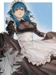  1girl abinosu0903 alternate_costume apron black_dress blue_hair border breasts byleth_(female)_(fire_emblem) byleth_(fire_emblem) dress fingernails fire_emblem fire_emblem:_three_houses frilled_apron frills highres juliet_sleeves long_hair long_sleeves looking_at_viewer maid maid_headdress medium_breasts outside_border parted_lips puffy_sleeves skirt_hold solo violet_eyes waist_apron white_apron white_border 