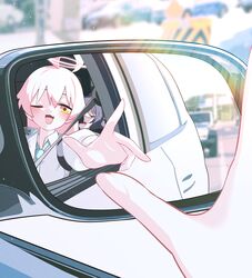  2girls absurdres ahoge blue_archive blurry blush car cellphone commentary depth_of_field driving fang halo haruka_(blue_archive) highres holding holding_phone hoshino_(blue_archive) iphone kanzi long_sleeves motor_vehicle multiple_girls open_mouth phone pink_halo reflection shirt skin_fang smartphone white_shirt 