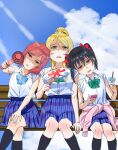  3girls ayase_eli bibi_(love_live!) black_hair black_socks blonde_hair blue_bow blue_bowtie blue_eyes blue_skirt blue_sky bow bowtie cellphone clothes_around_waist clouds collarbone collared_shirt commentary_request crossed_legs day electric_fan food furrowed_brow green_bow green_bowtie hair_between_eyes hand_fan highres holding holding_fan holding_food holding_ice_cream holding_phone ice_cream jacket jacket_around_waist kneehighs komesodo leaning_on_person love_live! love_live!_school_idol_project medium_hair multiple_girls nishikino_maki on_bench open_mouth otonokizaka_school_uniform outdoors phone pink_jacket plaid_clothes plaid_skirt ponytail red_eyes redhead school_uniform shirt short_sleeves sidelocks signature sitting skirt sky smartphone socks summer_uniform sweat sweaty_clothes twintails upper_body violet_eyes white_shirt yazawa_nico 