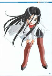  1girl absurdres artbook bent_over black_eyebrows black_footwear black_hair button_gap buttons character_name closed_mouth collar collared_coat earrings english_text flats fujishima_kousuke grey_eyes hair_between_eyes halftone hand_on_own_knee highres hoop_earrings jewelry legs_apart lipstick long_hair long_sleeves looking_at_viewer makeup minazuki_kyouko mixed-language_text moire necklace numbered page_number pantyhose pink_nails red_lips red_sweater rimless_eyewear rival_schools rival_schools:_united_by_fate scan smile solo standing straight_hair sweater very_long_hair very_long_sidelocks white_background white_collar white_sleeves 