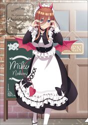  1girl absurdres alternate_costume apron black_bow black_bowtie black_choker black_skirt black_sleeves blue_eyes blush bow bowtie brown_hair chalkboard character_name choker closed_mouth copyright_name day demon_horns demon_tail demon_wings dress_shirt enmaided frilled_sleeves frills go-toubun_no_hanayome hair_between_eyes highres horns long_hair long_skirt long_sleeves looking_at_viewer maid maid_headdress nakano_miku official_art outdoors shirt skirt smile socks solo standing tail underbust waist_apron white_apron white_shirt white_socks wings 