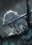  animal animal_focus dark_souls_(series) dark_souls_i fog forest full_body great_grey_wolf_sif greatsword highres holding holding_sword holding_weapon huge_weapon miso_katsu mouth_hold nature no_humans outdoors sword tree weapon weapon_in_mouth wolf 