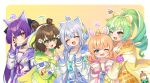  5girls :d ^_^ akiru_kamira animal_ear_headphones animal_ears bear_ears black_ribbon blonde_hair blue_bow blue_bowtie blue_eyes blue_necktie blue_sailor_collar blunt_bangs blush border bow bowtie brown_hair cat_ear_headphones cat_ears choker clenched_hands closed_eyes closed_mouth commentary_request crop_top crossed_bangs dog_ears double_bun drill_hair drill_ponytail fake_animal_ears flower fox_ears furrowed_brow green_eyes green_hair green_sailor_collar green_skirt green_wings grey_hair hair_bun hair_flower hair_intakes hair_ornament hair_ribbon hands_up happy head_wings headphones heart heart_choker highres horns horse_ears hug interlocked_fingers jacket long_hair long_sleeves looking_at_another low_twintails low_wings medium_hair motosu_towa multicolored_clothes multicolored_hair multicolored_jacket multiple_girls natsuse_nanise neck_ribbon necktie nekoashi_tsubomi one_eye_closed open_clothes open_jacket open_mouth outside_border own_hands_together pink_eyes pink_sailor_collar pink_skirt plaid plaid_sailor_collar plaid_skirt pleated_skirt polka_dot polka_dot_background ponytail purple_hair purple_sailor_collar purple_skirt raised_eyebrows red_eyes red_ribbon ribbon sailor_collar school_uniform senju_iroha serafuku shiromaru_mito shirt short_twintails single_horn skirt sleeves_past_fingers sleeves_past_wrists smile streaked_hair tamagotchi tareme tie_clip topknot translation_request tsurime twintails two-tone_eyes two-tone_hair two_side_up upper_body v v_over_eye very_long_hair white_border white_flower white_hair white_headphones white_jacket white_shirt white_wings wings world_dai_star x_hair_ornament yellow_eyes yellow_headphones yellow_jacket yellow_sailor_collar yellow_skirt 